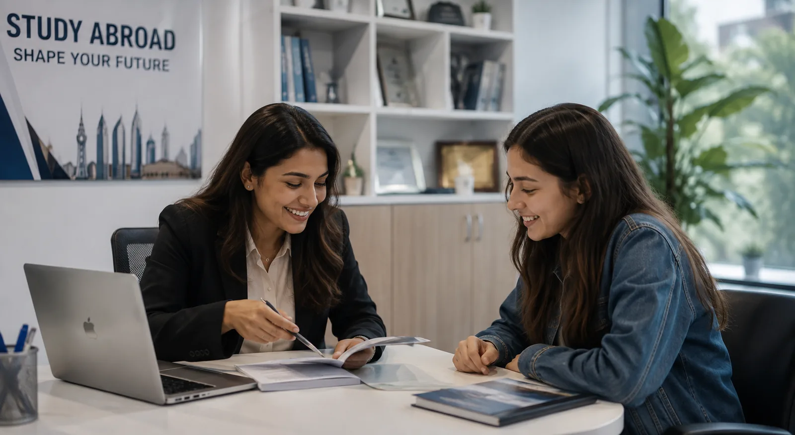 Study abroad consultant guiding a student